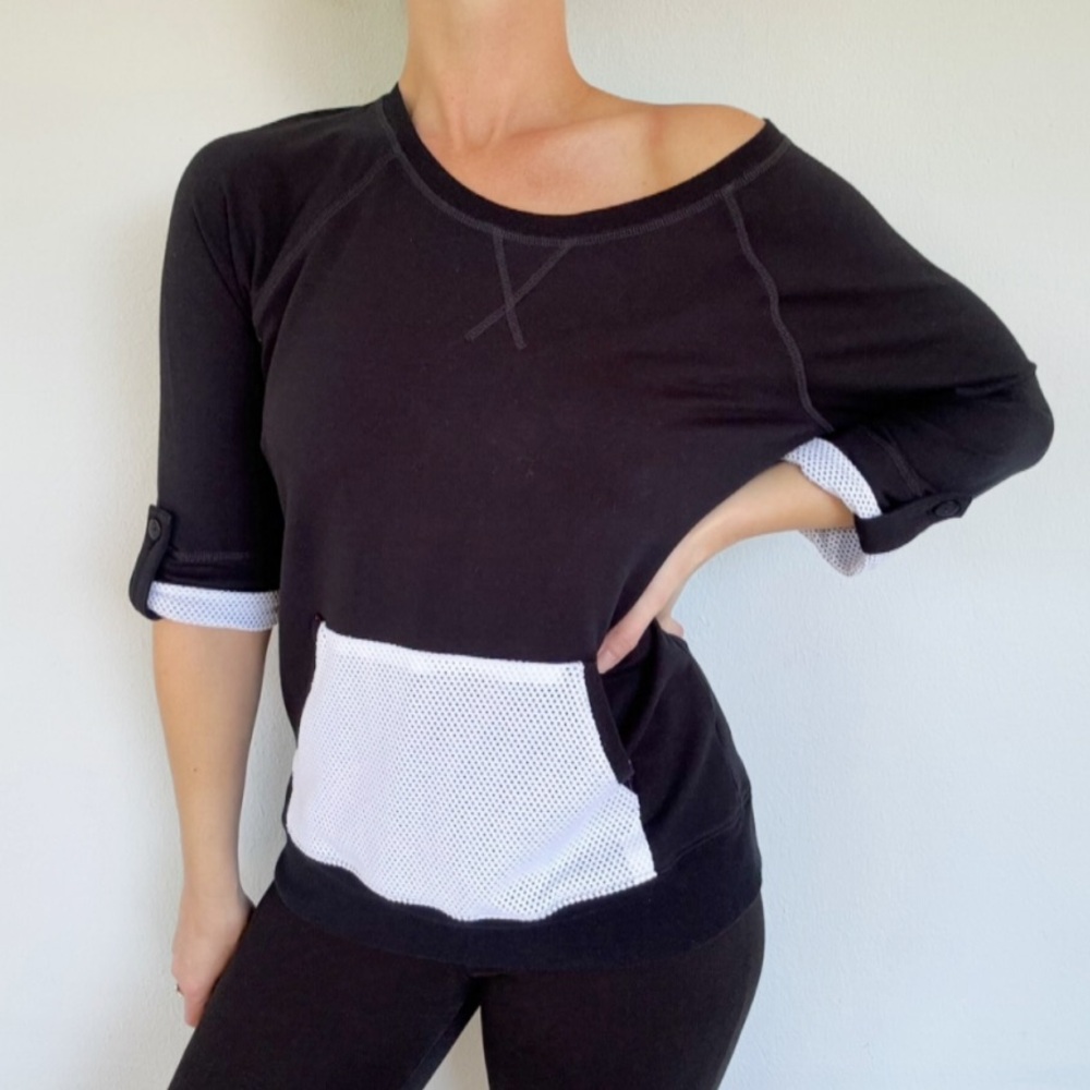 Coral Bay black white mesh pouch pocket crop sleeve cotton top size petite small